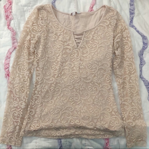 Candie's Tops - Candie’s Light Pink Cross V-neck Lace Long Sleeve